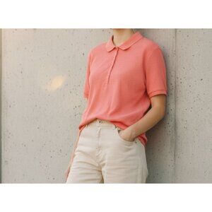 Lands End Womens Coral Polo Shirt 2X P Short Sleeve Button Front Cotton Blend